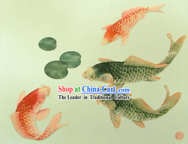 Chinese Classic Hand Carved Wood House Solid Decorative Painting-Prosperous Goldfish