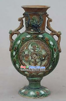 Chinese Classic Archaized Tang San Cai Statue-Twin Phoenix Shaped Handle Flat Jar