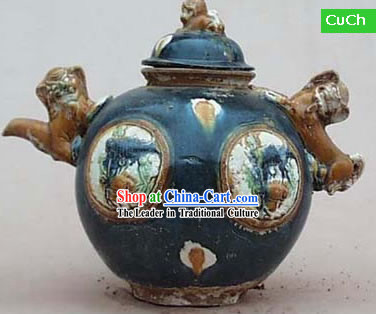 Chinese Classic Archaized Tang San Cai Statue-Foo Dogs Shaped Ear Jar