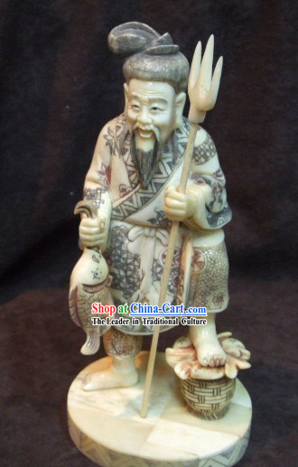 Chinese Classic Ox Bone Handicraft Sculpture Statue-Fishing Man