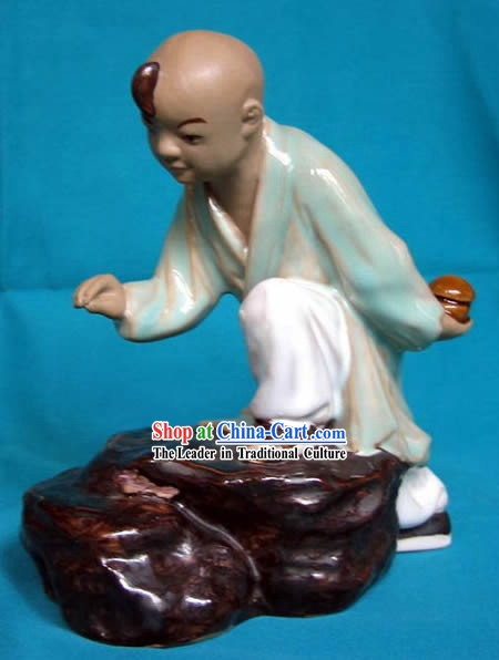 Chinese Hand Made Shi Wan Ceramics-Child Catching Cricket