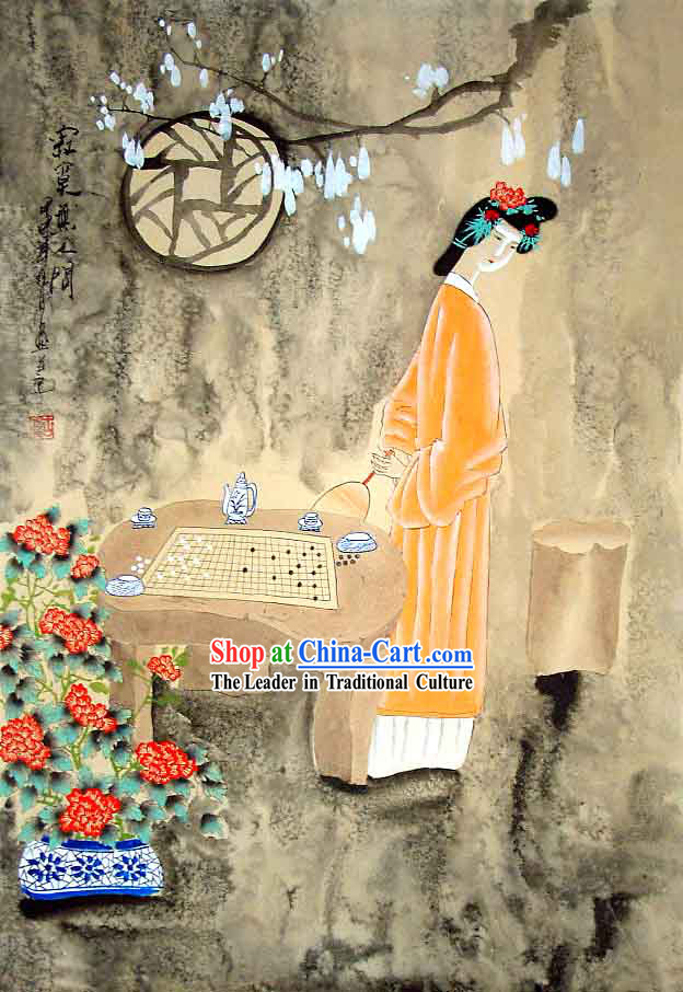 Chinese Traditional Wash Painting-Wise Beauty Playing The Chess