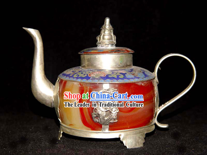 Rare Chinese Chicken Blood Jade Silver and Cloisonne Flagon