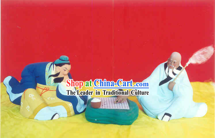 Chinese Hand Painted Sculpture Art of Clay Figurine Zhang-Playing Chess