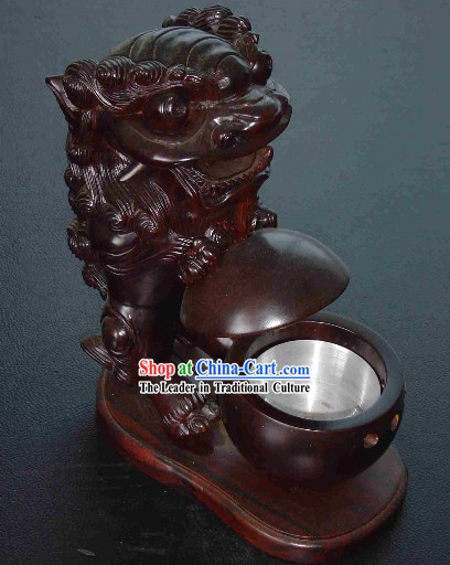 Chinese Classic Hand Carved Lion Playing Ball Wood Ashtray