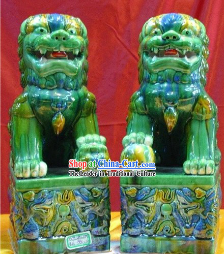 Chinese Stunning Green Folk Lion Pair