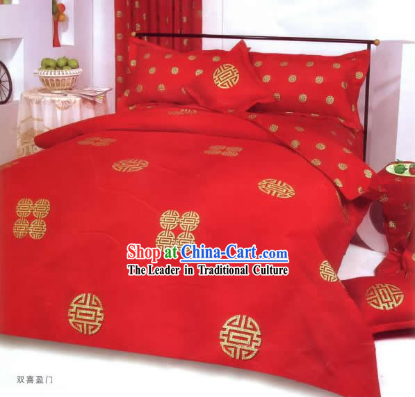 China Classic Red Double Happiness Six Pieces Bed Set