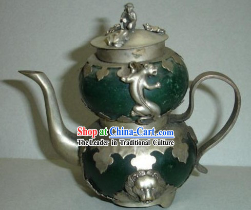 Chinese Ancient Lion Style Silver and Jade Kettle