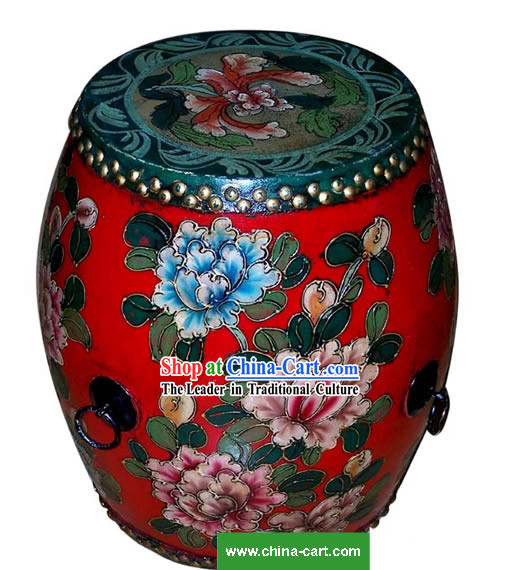 Chinese Coloured Drawing Riches and Honours Peony Tang Gu_Drum_