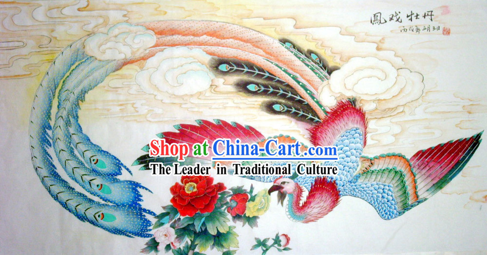 Chinese Traditional Painting with Meticulous Detail Painting-Prosperous Peony and Phoenix