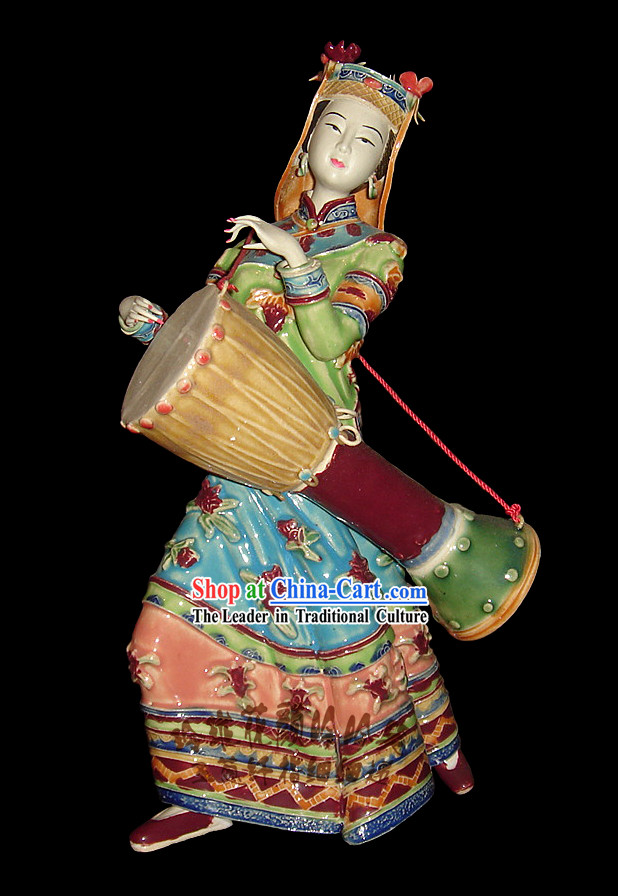 Chinese Stunning Colourful Porcelain Collectibles-Ancient Minority Woman Playing Drum