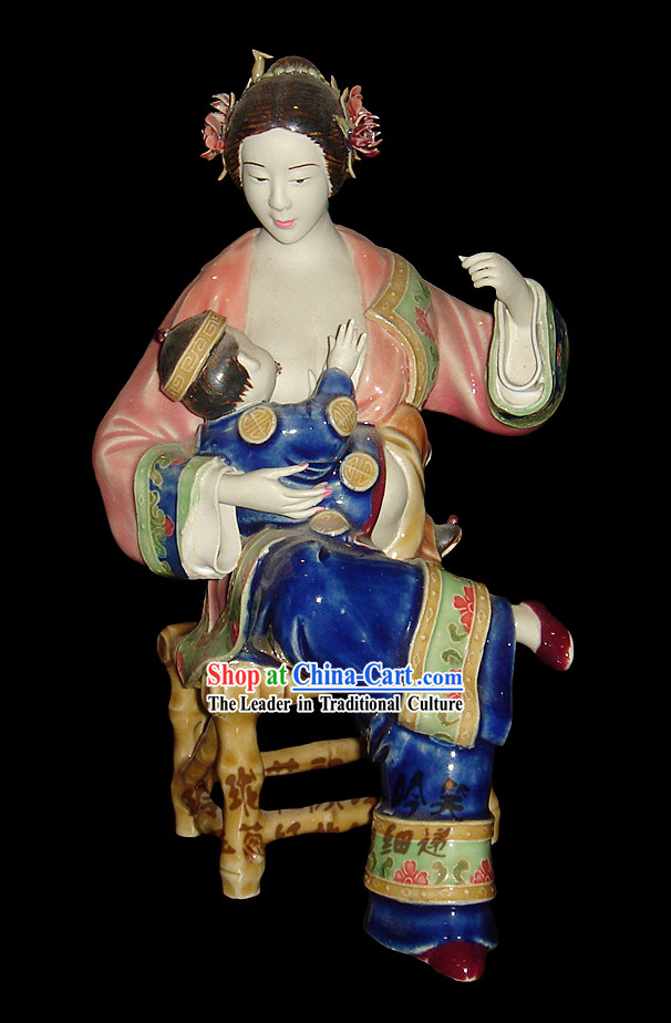 Chinese Stunning Colourful Porcelain Collectibles-Ancient Woman Feeding Bady
