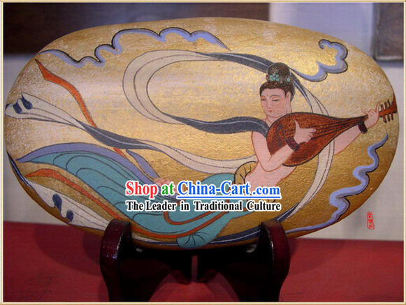 Chinese Dunhuang Hand Painted Cobblestone Mural Art-Playing Lute