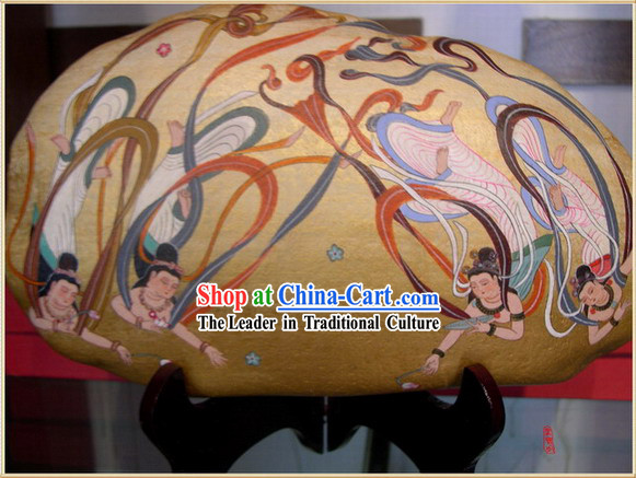 Chinese Dunhuang Hand Painted Cobblestone Mural Art-Four Dancing Fairies
