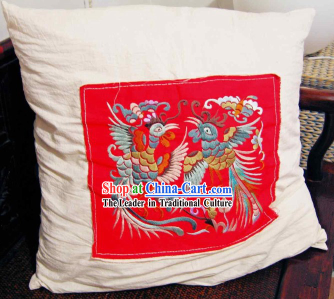 Chinese Lucky Red Phoenix Pair Silk Cushion