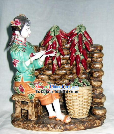 Chinese Classical Shiwan Statue - Lady and Hot Pepper