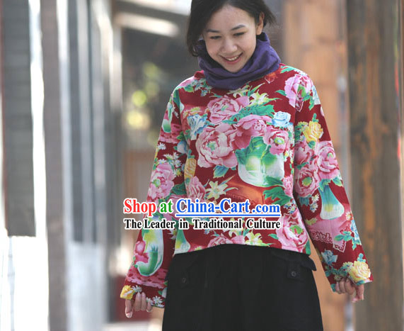 Chinese Traditional Folk Cotton Peony Blouse for Women
