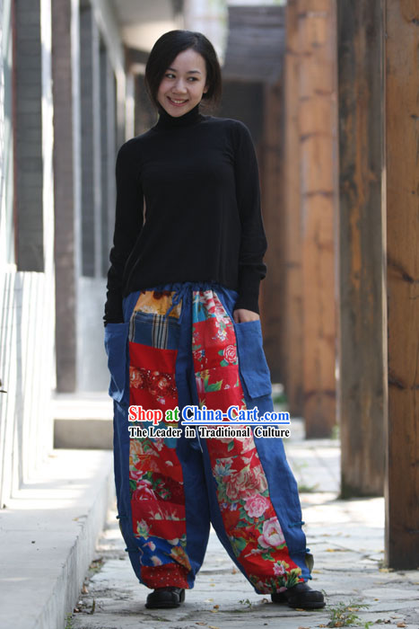 Chinese Classical Handmade Folk Cotton Trousers for Women