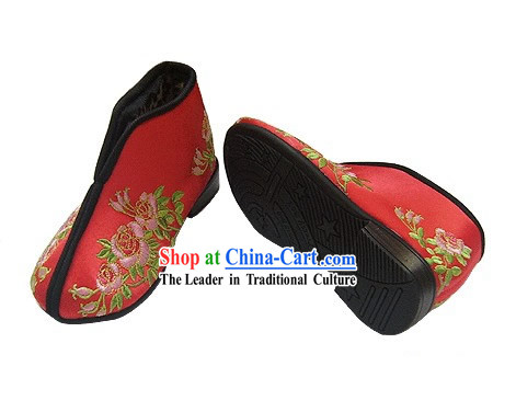 Chinese Traditional Handmade Embroidered Winter Cotton Shoes for Children _China rose_