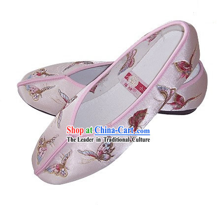 Chinese Traditional Handmade Embroidered Butterfly Satin Shoes _pink_