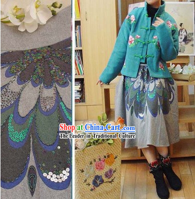 Supreme Chinese Traditional Handmade Wool Peacock Skirt