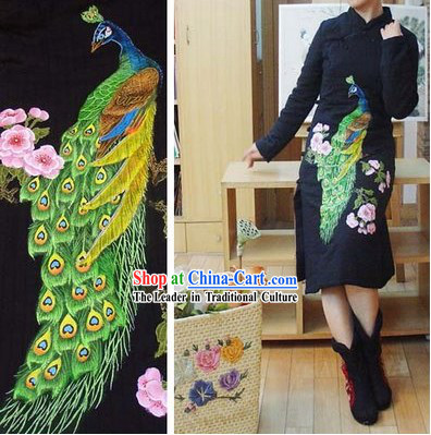 Supreme Chinese Black Hands Painted Peacock Winter Cotton Cheongsam