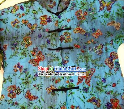 Supreme Chinese Blue Batik Pearls Butterfly Winter Cotton Blouse