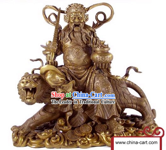 Chinese Traditional Feng Shui Cai Shen Riding on Tiger Brass Statue