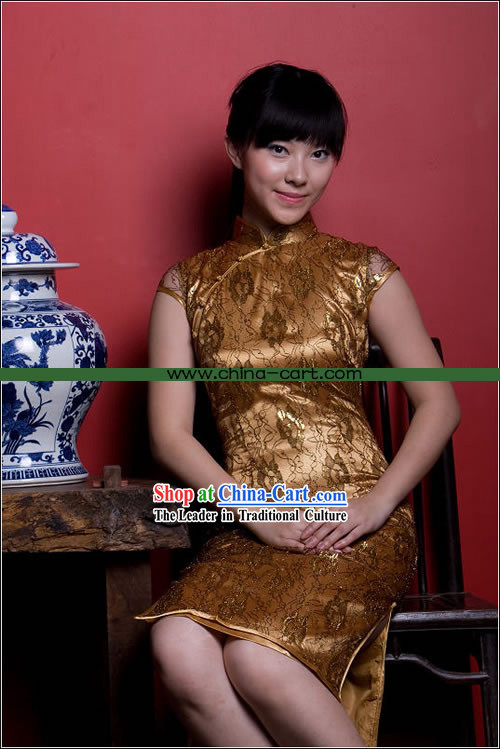 Chinese Stunning Gold Floral Cheongsam