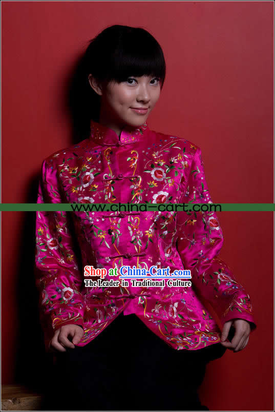 Traditional Chinese Stunning Hand Embroidered Pink Flower Coat _Tang Suit_