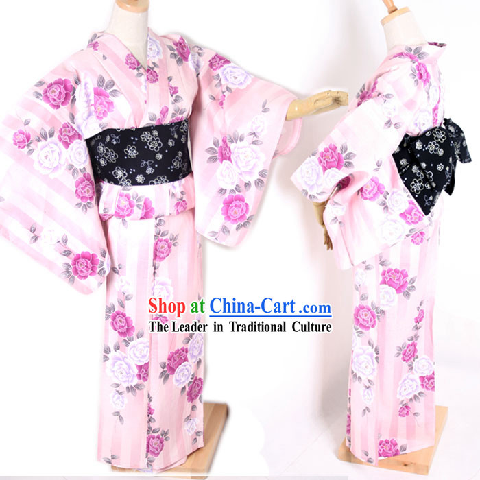 Traditional Japanese Pink Flowery Kimono and Belt Full Set