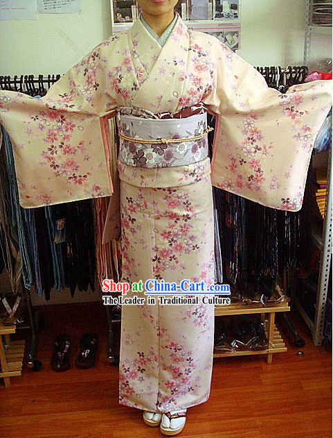 Traditional Japanese Oriental Cherry Kimono and Belt Complete Set