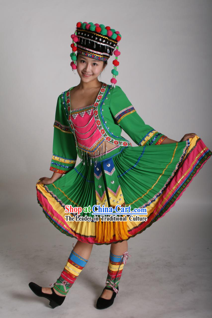 Chinese Traditional Minority Dance Costumes and Hat Complete Set