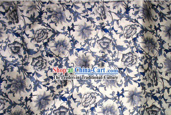 100_ Pure White and Blue Procelain Silk Fabric