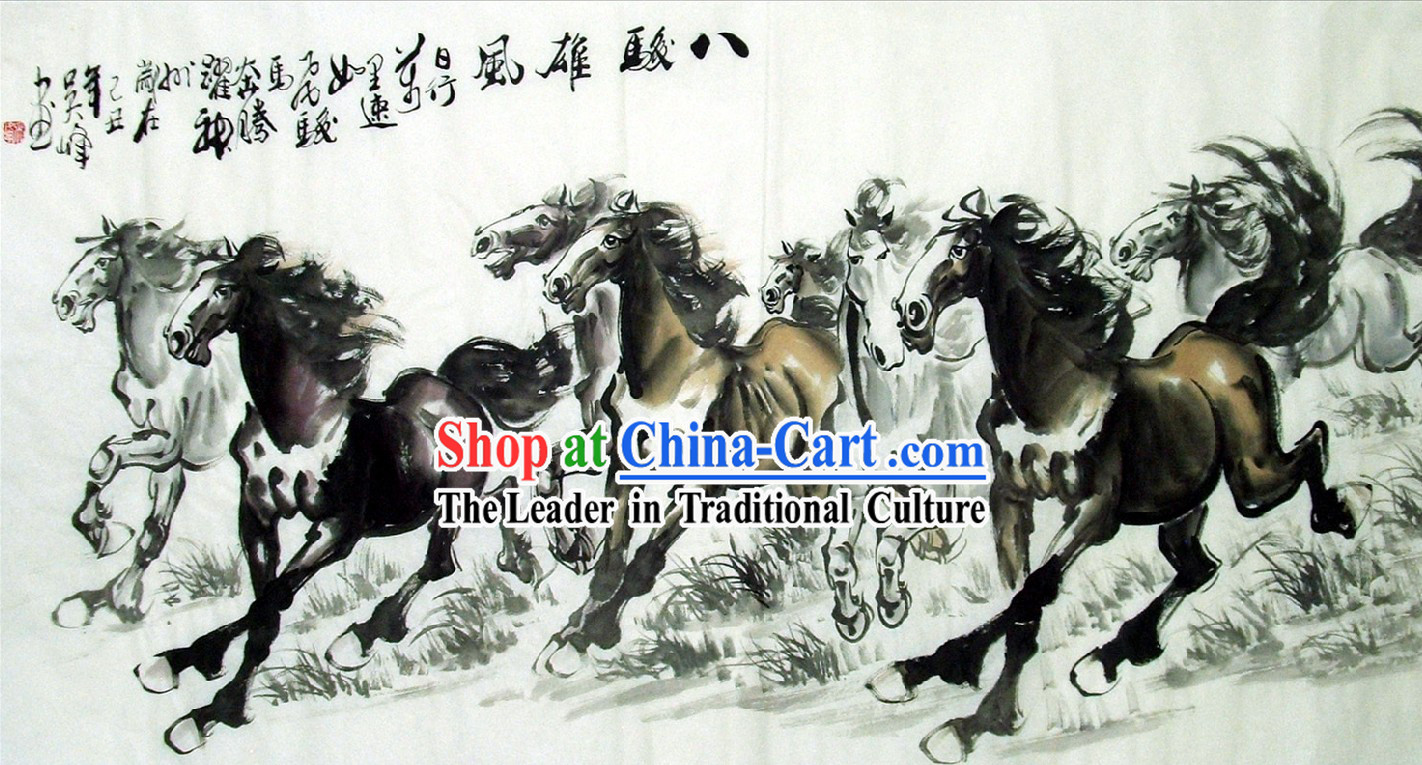 Chinese Galloping Horse Ink Paintings by Lin Mingqing