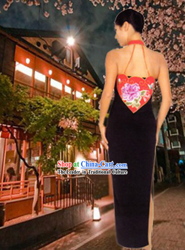 Traditional Hands Embroidered Peony Silk Backless Cheongsam and Evening Wear