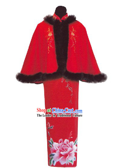 Chinese Lucky Red Handmade and Embroidered Peony Long Wedding Silk Cheongsam