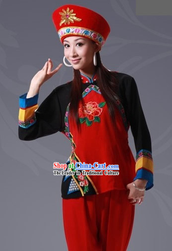 Chinese Maonan Minority Dance Costume and Hat Set