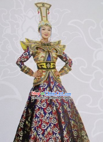 Mongolian Folk Dancing Costumes and Hat for Woman