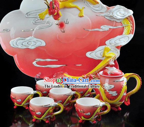 Chinese Ceramic Dragon Teapot 8 Pieces Set