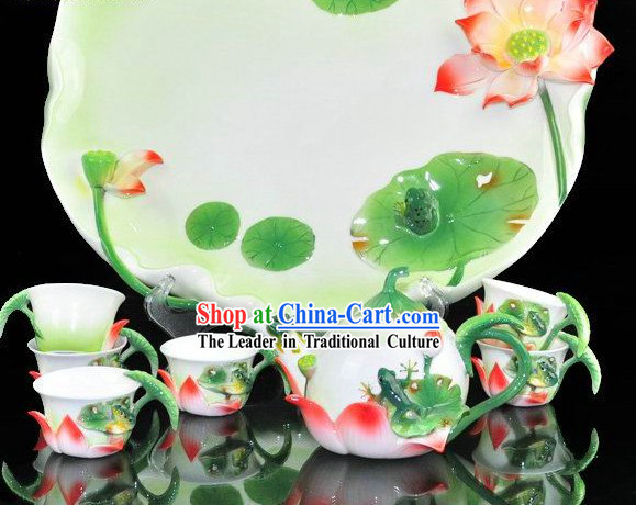 Chinese Classical Lotus and Frog Ceramic Tea Set