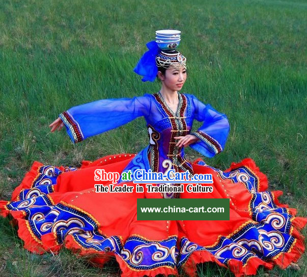 Chinese Traditional Mongolian Clothing and Hat Complete Set