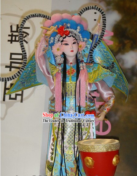 Handmade Peking Silk Figurine Doll - Beijing Opera Drummer Lady and Drum Set