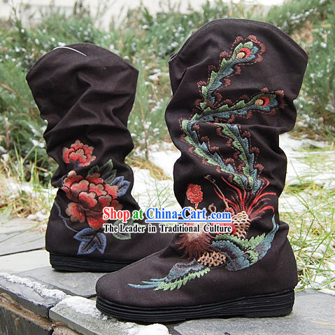 Traditional Embroidered Peony and Phoenix Black Boots