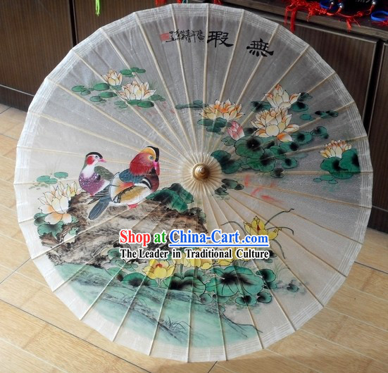 Ancient Chinese Mandarin Ducks Painted Rain and Decoration Umbrella
