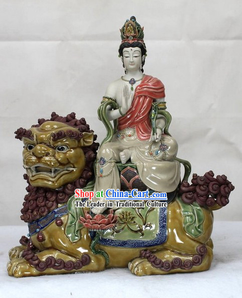 Lion and Buddha Chinese Shiwan Ceramic Figurine