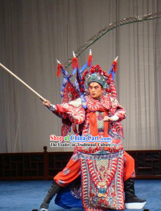 Peking Opera Wusheng Armor Costume with Flags and Helmet