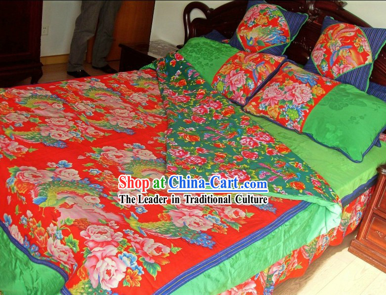 Traditional Chinese Wedding Phoenix Dragon Bed Sheet and Pillows Complete Set