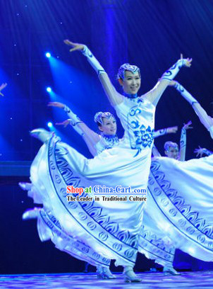 Chinese Classical White and Blue Dance Costume Set
