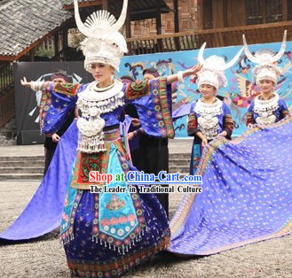 Chinese Miao Stage Performance Costume and Hat Set